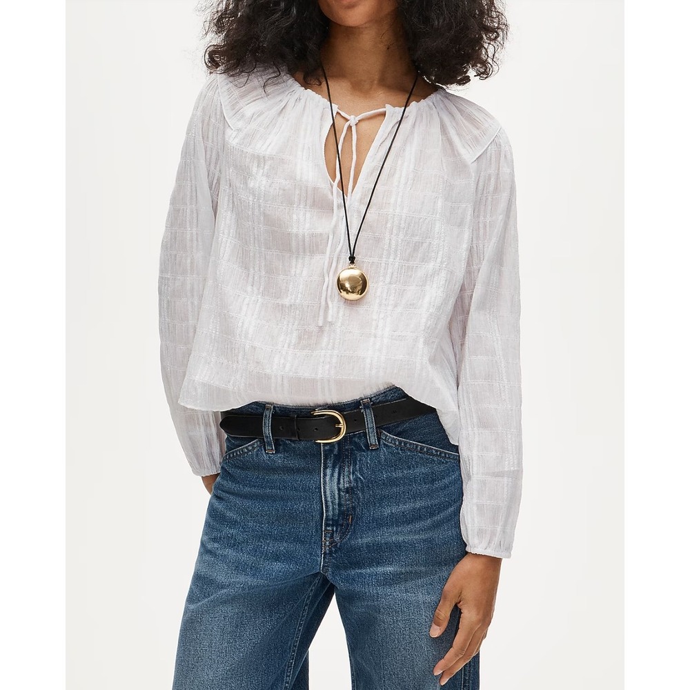 J.Crew | NWT Tie-Front Popover Top in White Seersucker Cotton | Sz M